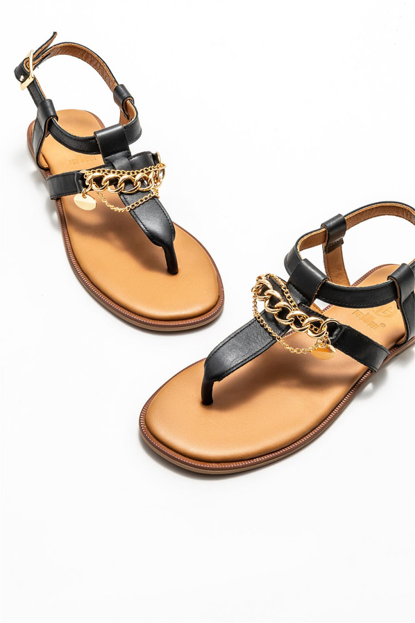 Siyah deri kadın sandalet - Elle Shoes