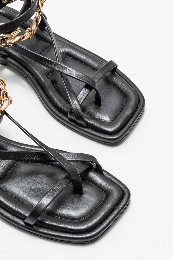 Siyah deri kadın sandalet - Elle Shoes