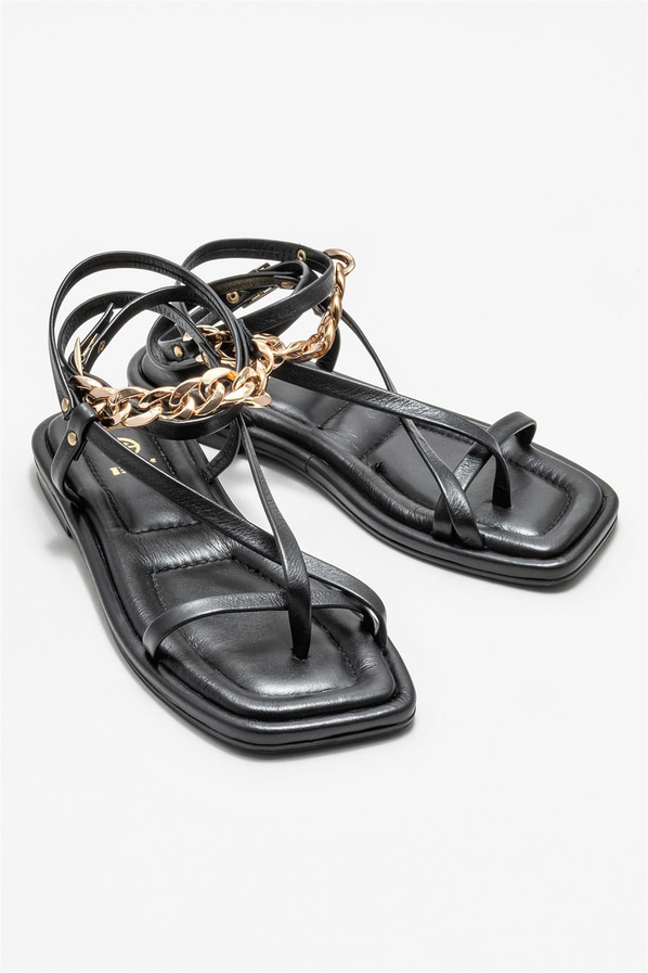 Siyah deri kadın sandalet - Elle Shoes