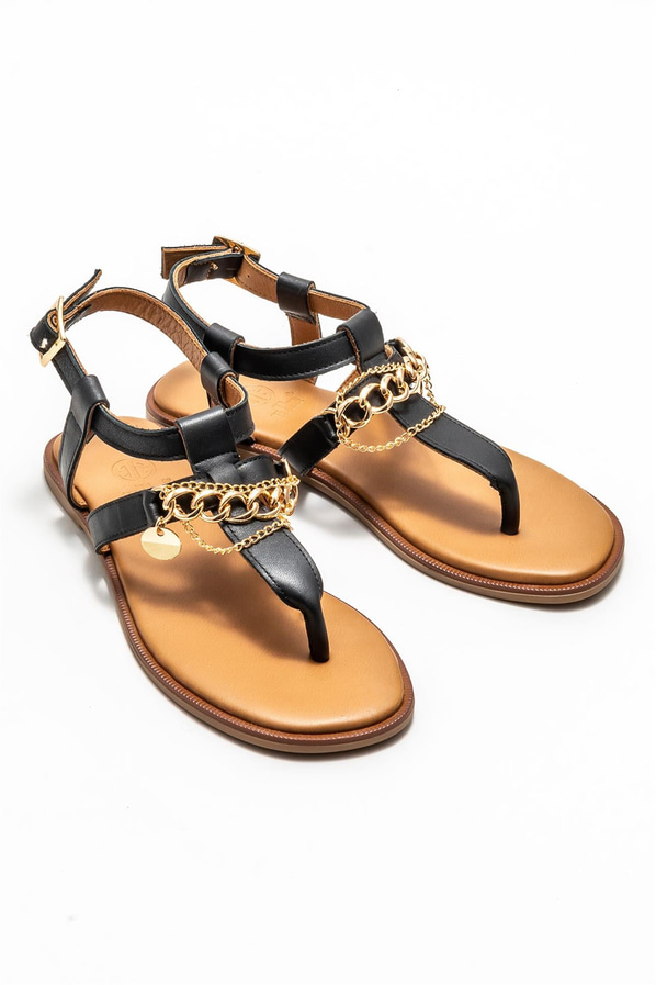 Siyah deri kadın sandalet - Elle Shoes
