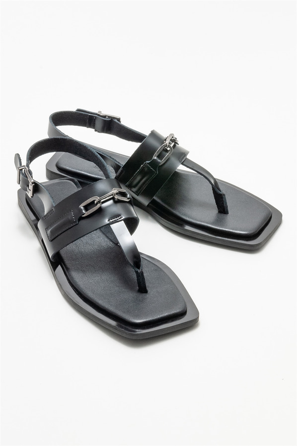 Siyah deri kadın sandalet - Elle Shoes