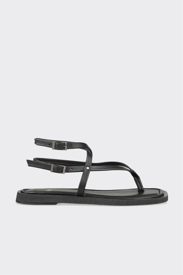 Siyah deri örgü dokulu kadın sandalet, günlük kullanım için - Elle Shoes