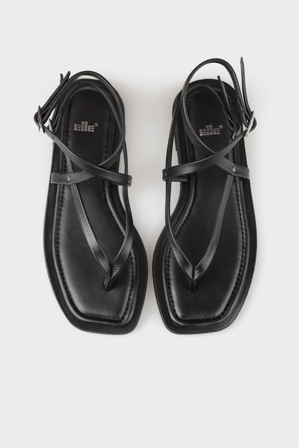 Siyah deri örgü dokulu kadın sandalet, günlük kullanım için - Elle Shoes