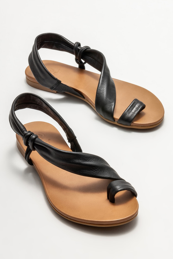 Siyah deri kadın sandalet - Elle Shoes