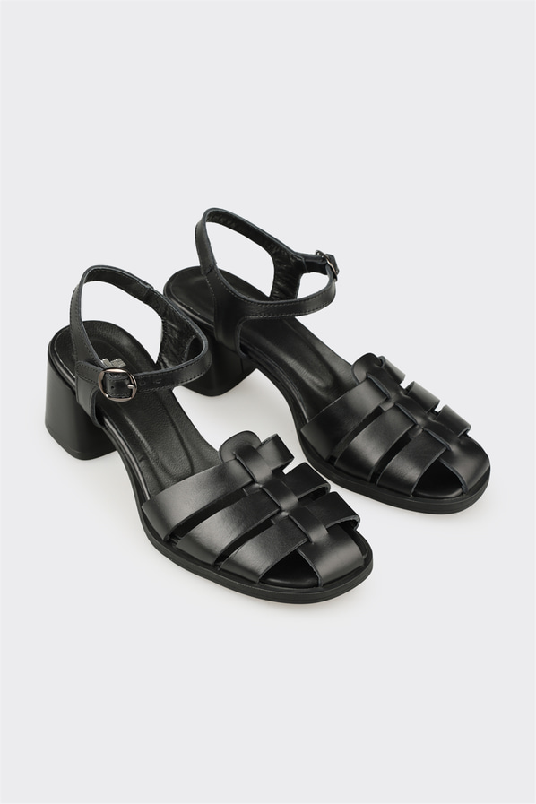 Siyah deri kadın topuklu sandalet - Elle Shoes