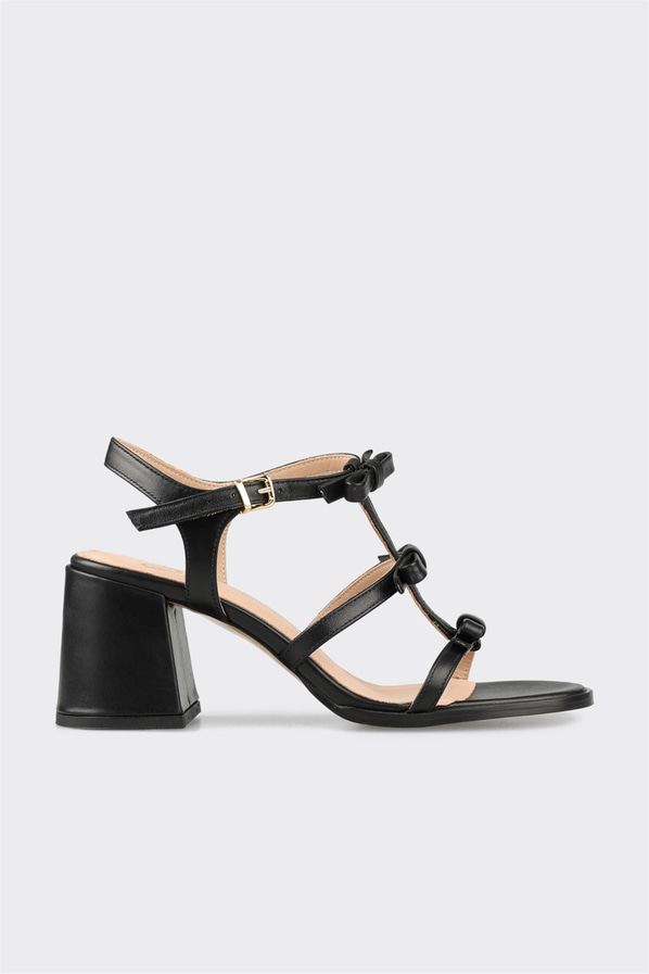 Siyah deri ince topuklu örgü dokulu kadın sandalet, rahat kullanım için - Elle Shoes