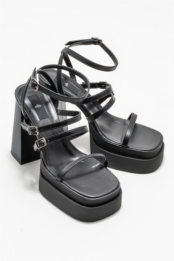 Siyah deri kadın topuklu sandalet - Elle Shoes