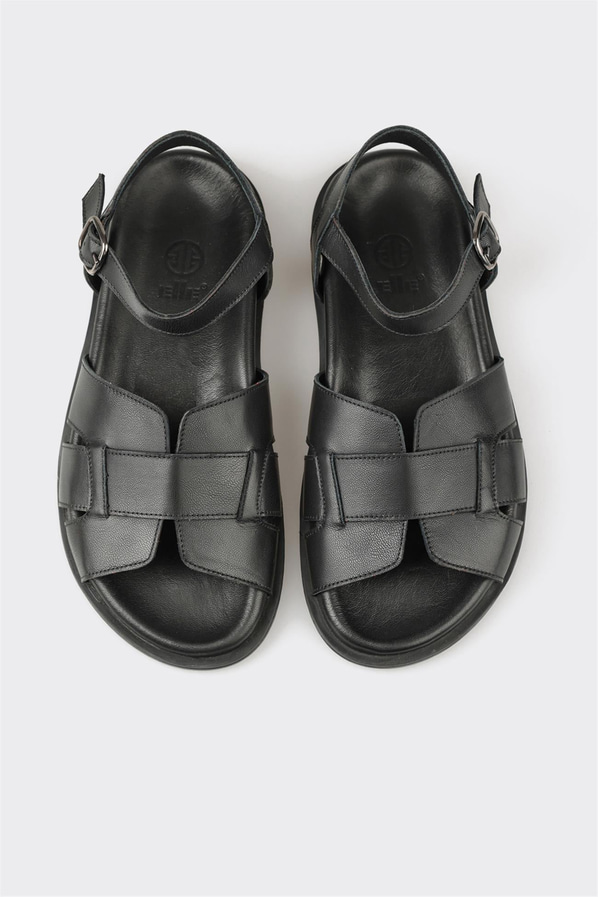 Siyah deri düz yumuşak dokulu kadın sandalet, rahat kullanım için - Elle Shoes