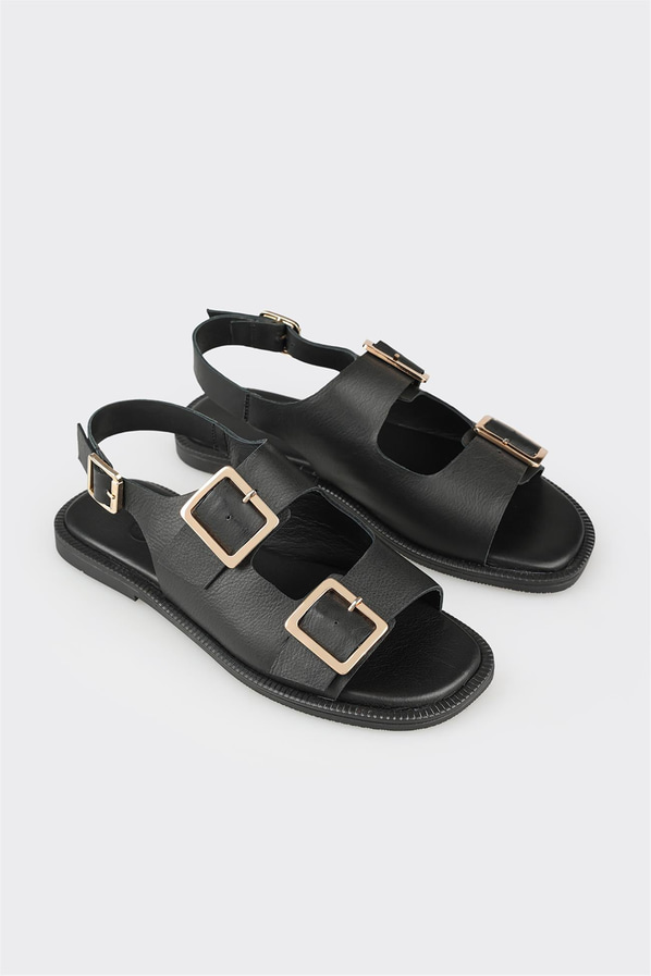 Siyah deri yumuşak dokulu kadın düz sandalet, rahat kullanım için - Elle Shoes