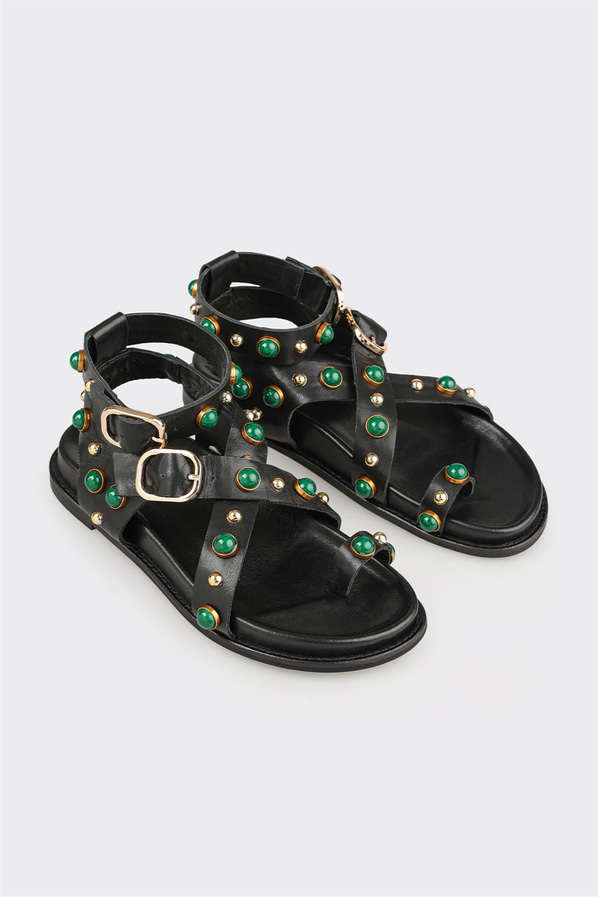 Siyah kahve deri kadın düz sandalet, rahat kullanım için - Elle Shoes