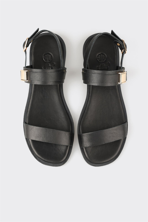 Siyah deri düz yumuşak dokulu kadın sandalet, klasik stil için - Elle Shoes