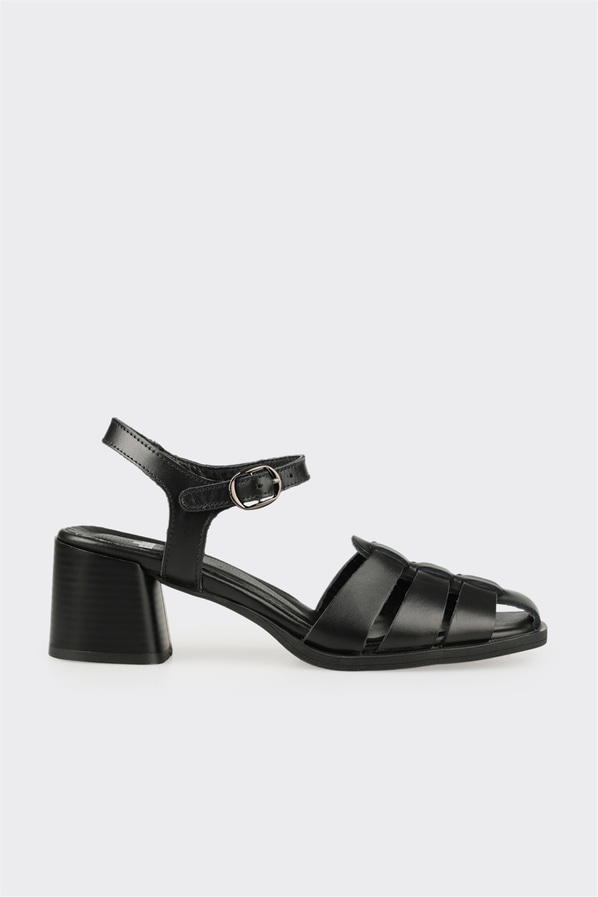 Siyah deri kadın topuklu sandalet - Elle Shoes