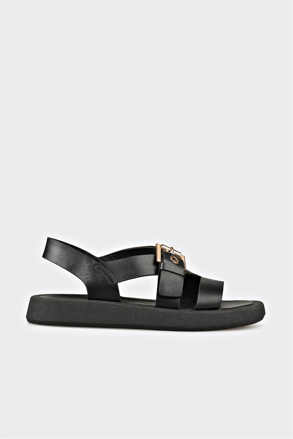 Siyah deri örgü dokulu kadın düz sandalet, rahat kullanım için - Elle Shoes