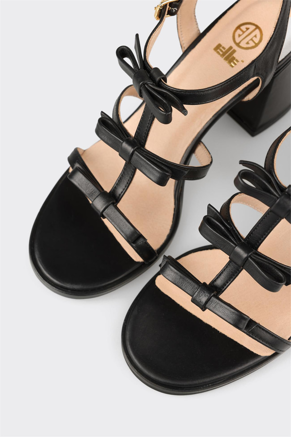 Siyah deri ince topuklu örgü dokulu kadın sandalet, rahat kullanım için - Elle Shoes