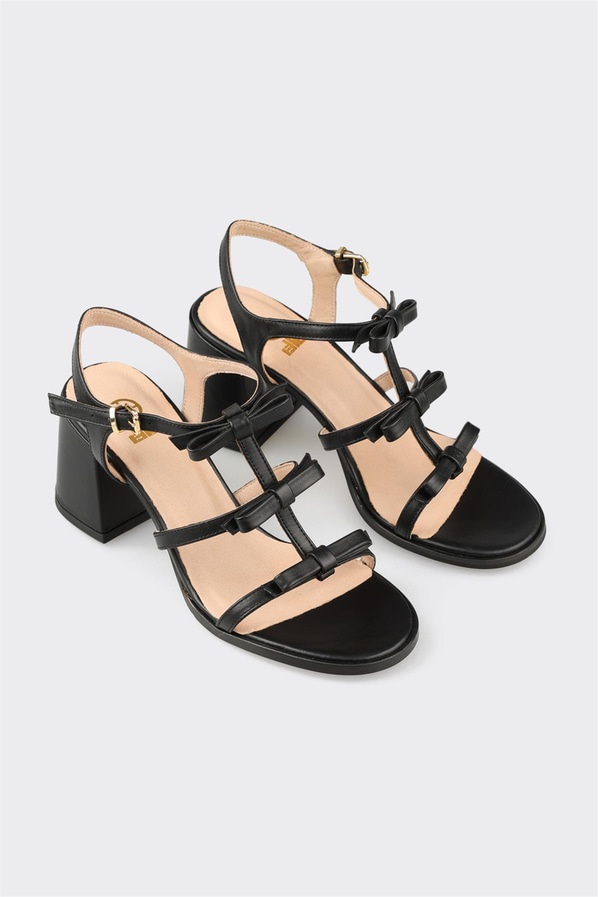 Siyah deri ince topuklu örgü dokulu kadın sandalet, rahat kullanım için - Elle Shoes