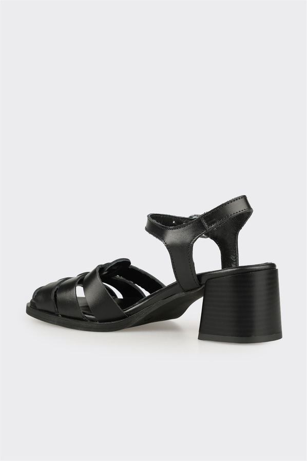 Siyah deri kadın topuklu sandalet - Elle Shoes