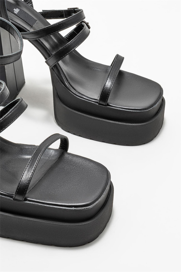 Siyah deri kadın topuklu sandalet - Elle Shoes