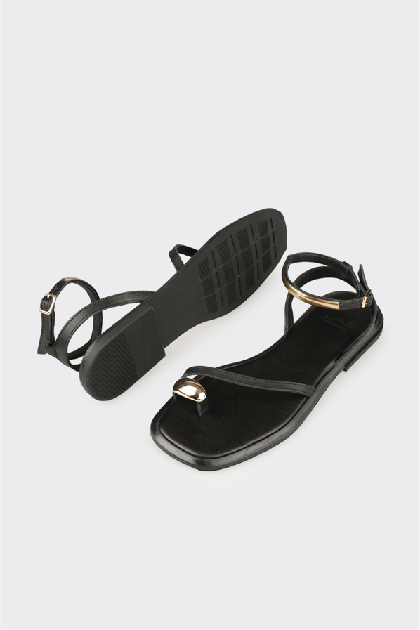 Siyah deri kadın düz sandalet - Elle Shoes