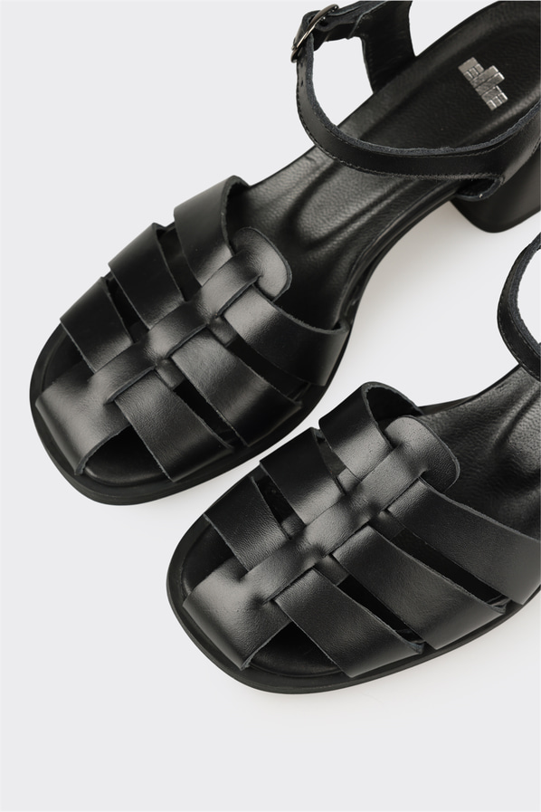 Siyah deri kadın topuklu sandalet - Elle Shoes
