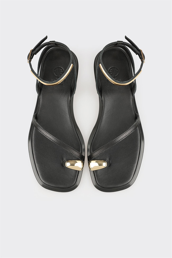 Siyah deri kadın düz sandalet, rahat kullanım için - Elle Shoes