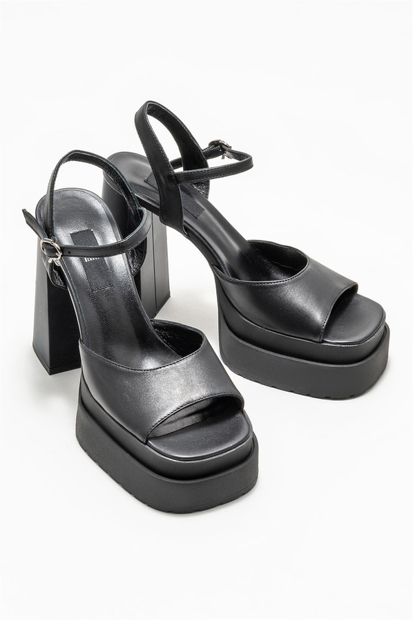 Siyah deri kadın topuklu sandalet - Elle Shoes