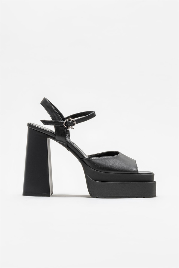 Siyah deri kadın topuklu sandalet - Elle Shoes