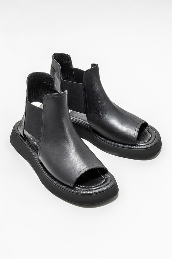 Siyah deri kadın sandalet - Elle Shoes