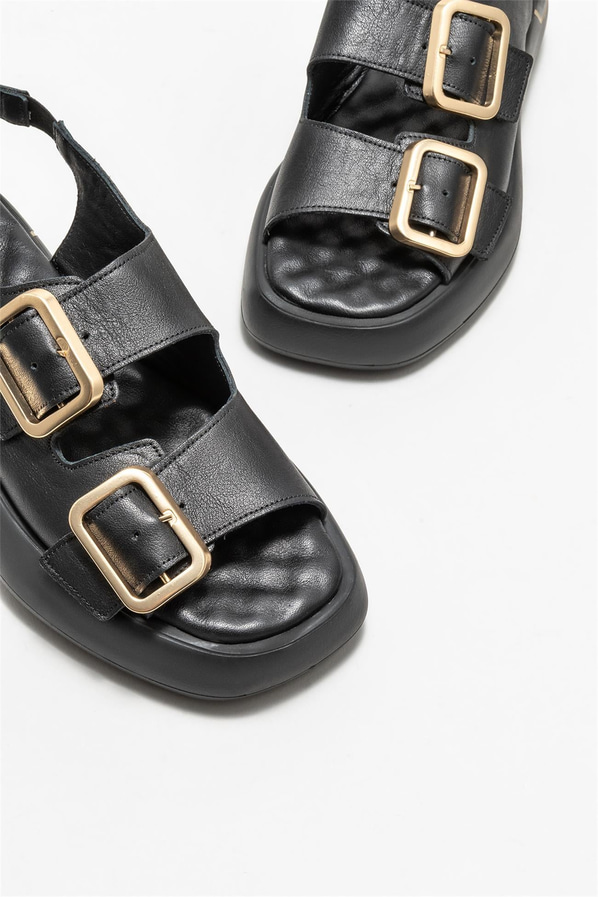 Siyah deri kadın sandalet - Elle Shoes