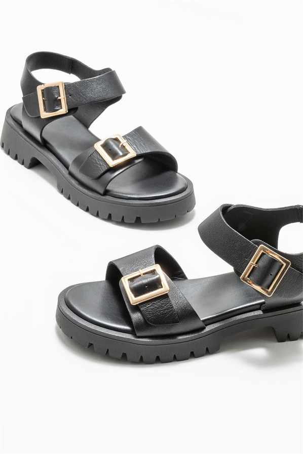 Siyah deri kadın sandalet - Elle Shoes