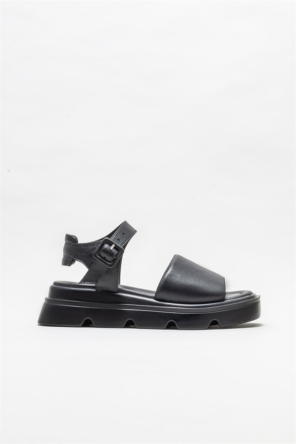 Siyah deri kadın sandalet - Elle Shoes