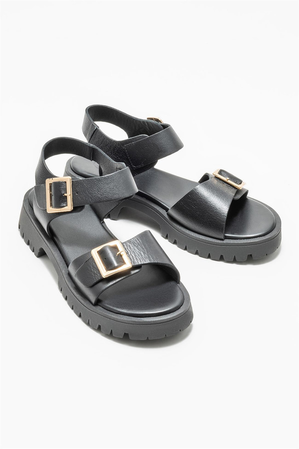 Siyah deri kadın sandalet - Elle Shoes