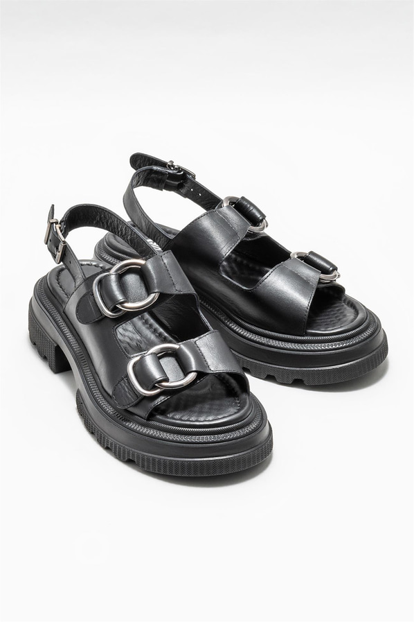 Siyah deri kadın sandalet - Elle Shoes