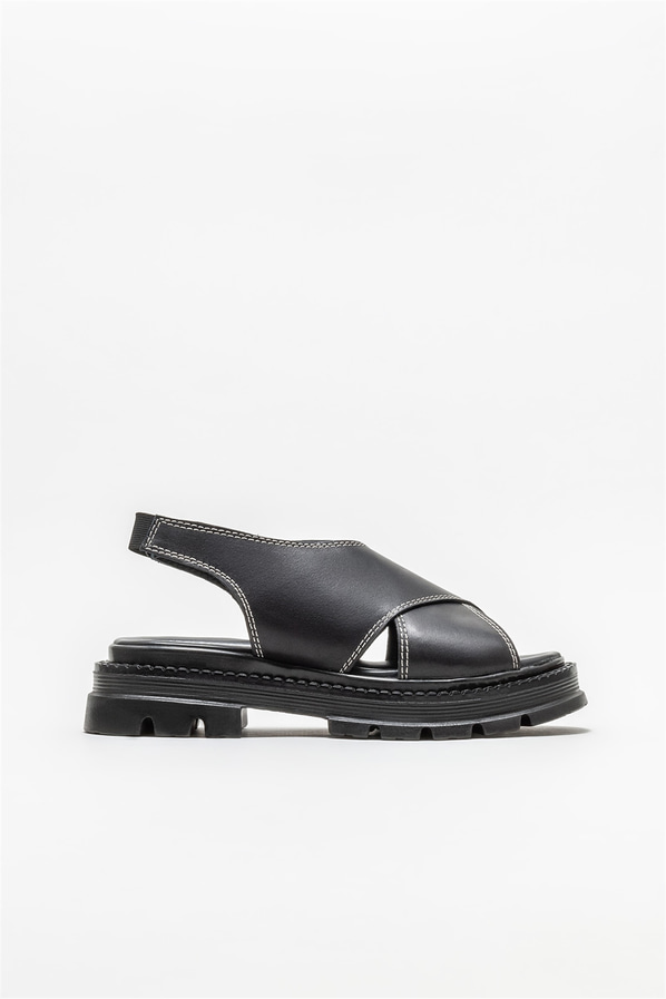 Siyah deri kadın sandalet - Elle Shoes