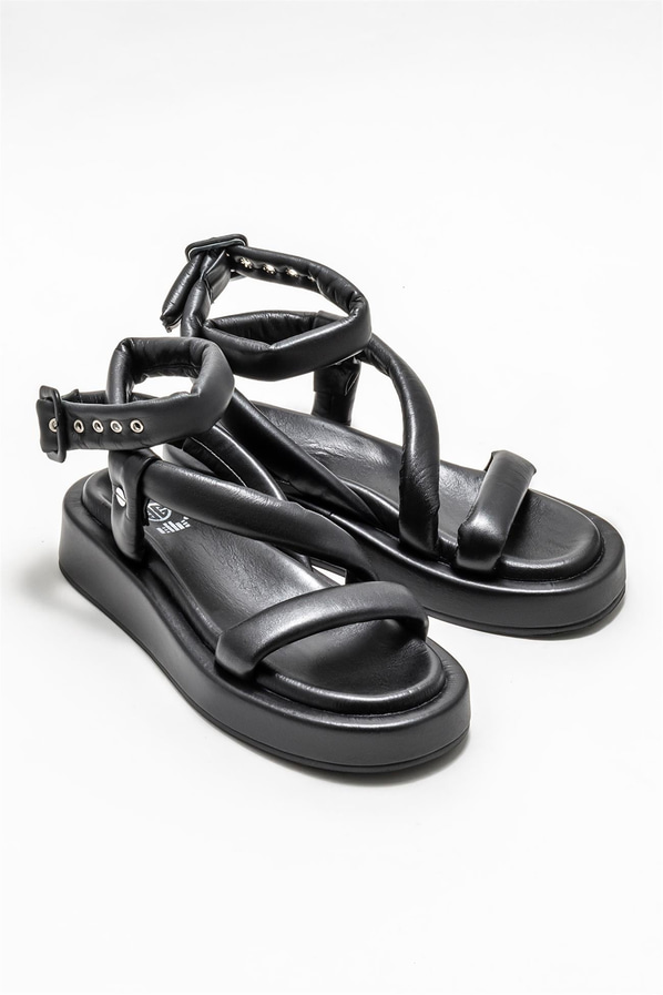 Siyah deri kadın sandalet - Elle Shoes