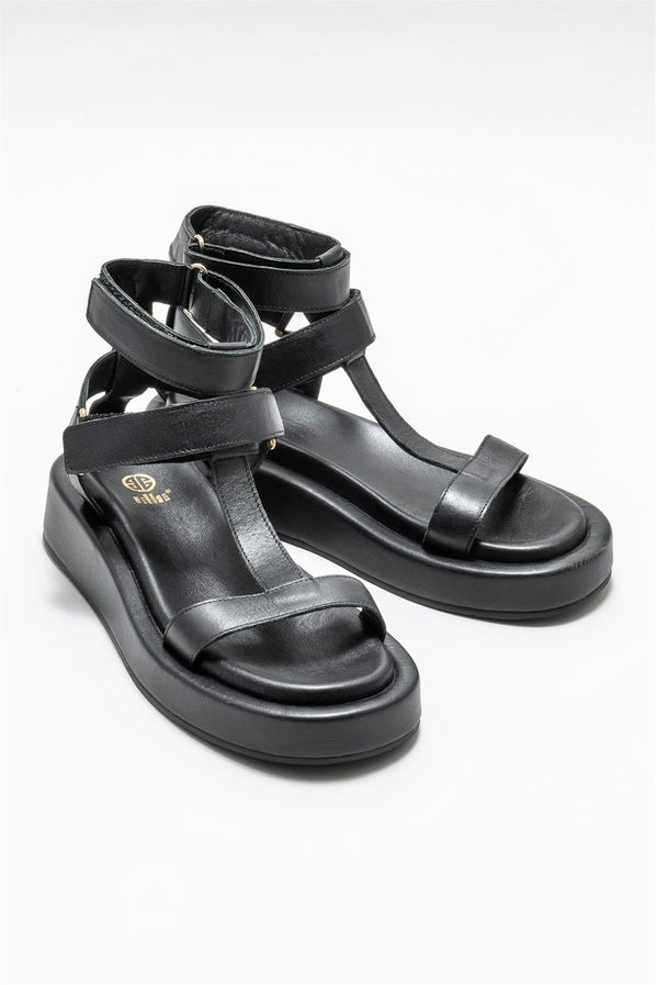 Siyah deri kadın sandalet - Elle Shoes