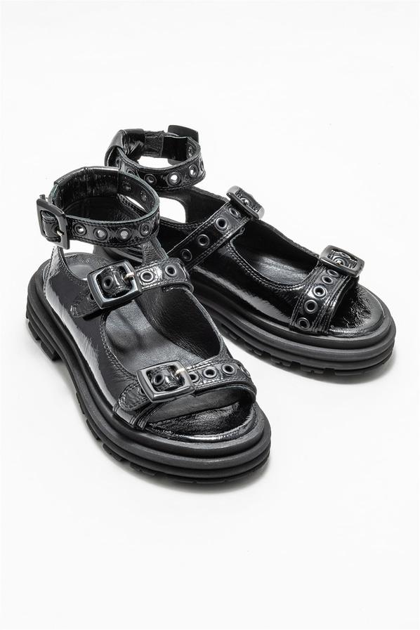Siyah deri kadın sandalet - Elle Shoes