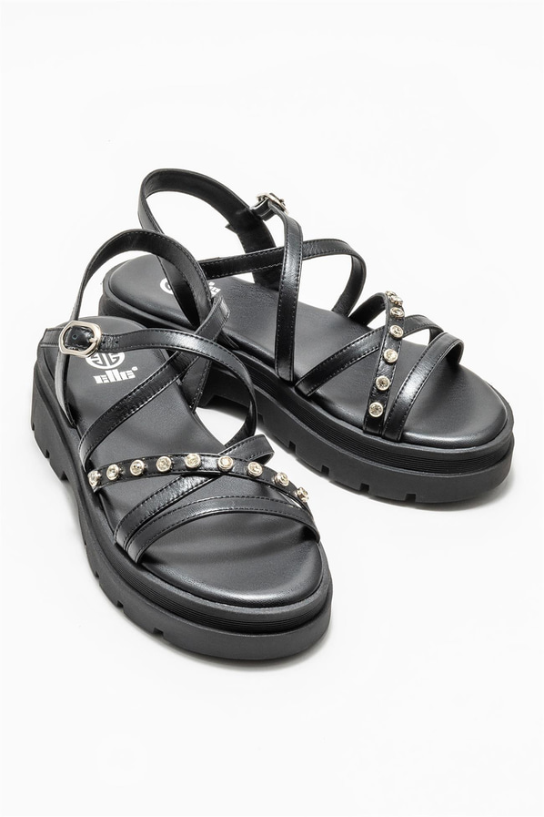 Siyah deri kadın sandalet - Elle Shoes