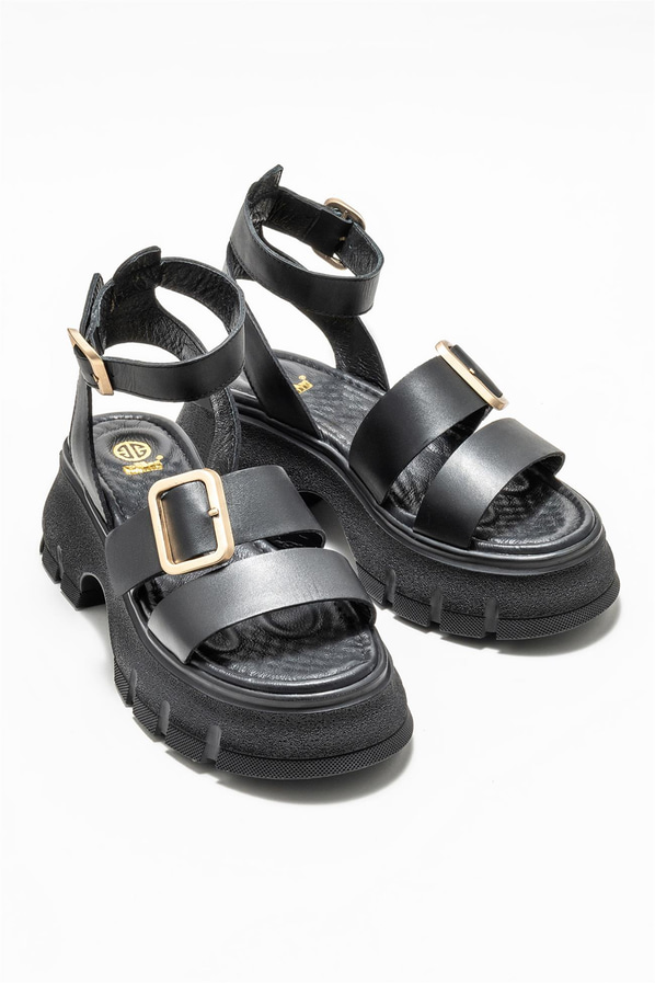 Siyah deri kadın sandalet - Elle Shoes