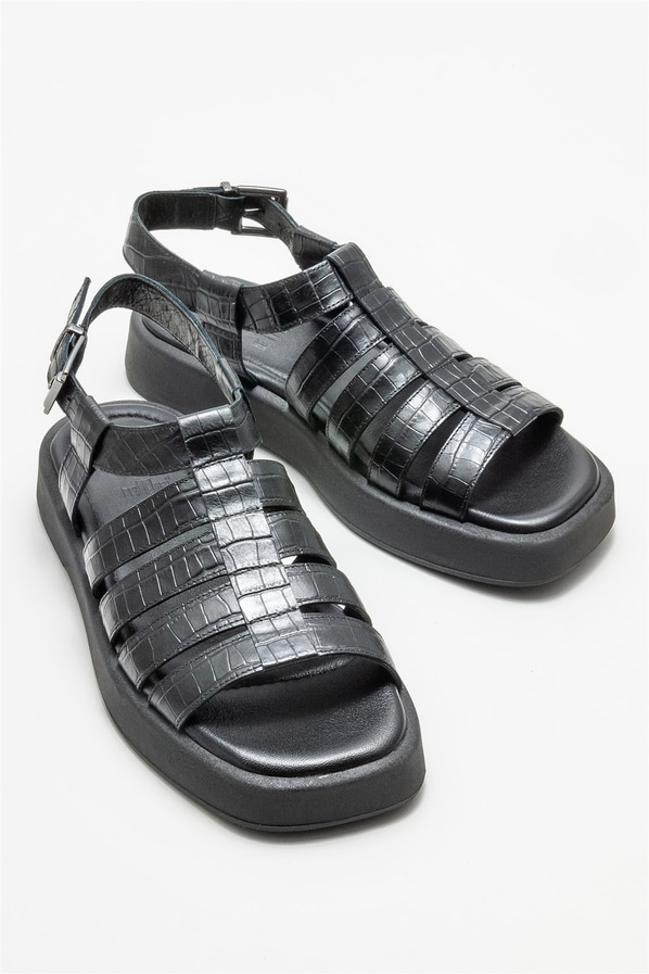 Siyah deri kadın sandalet - Elle Shoes