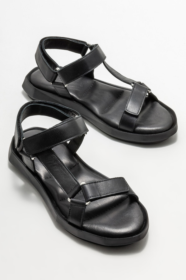Siyah deri kadın sandalet - Elle Shoes