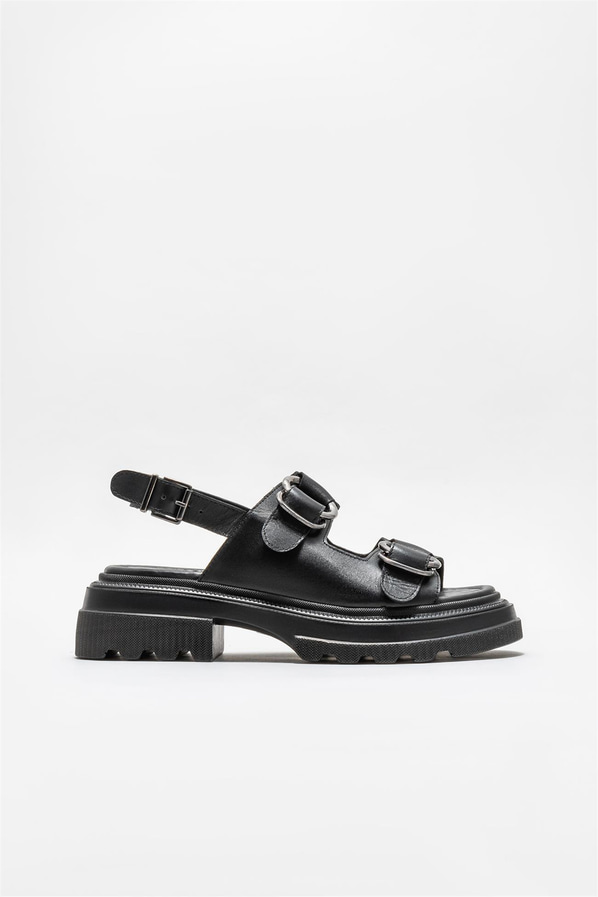 Siyah deri kadın sandalet - Elle Shoes