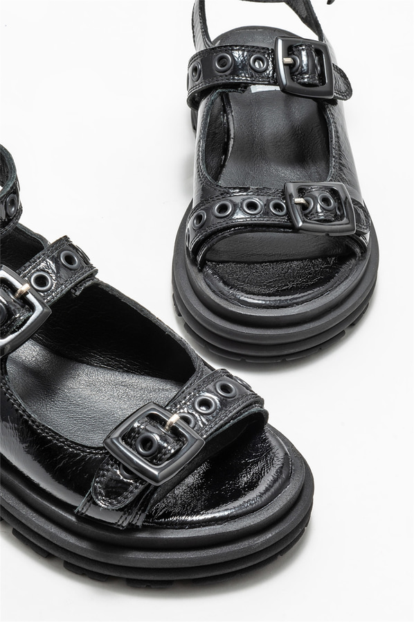 Siyah deri kadın sandalet - Elle Shoes