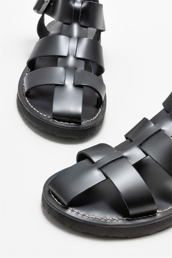 Siyah deri kadın sandalet - Elle Shoes