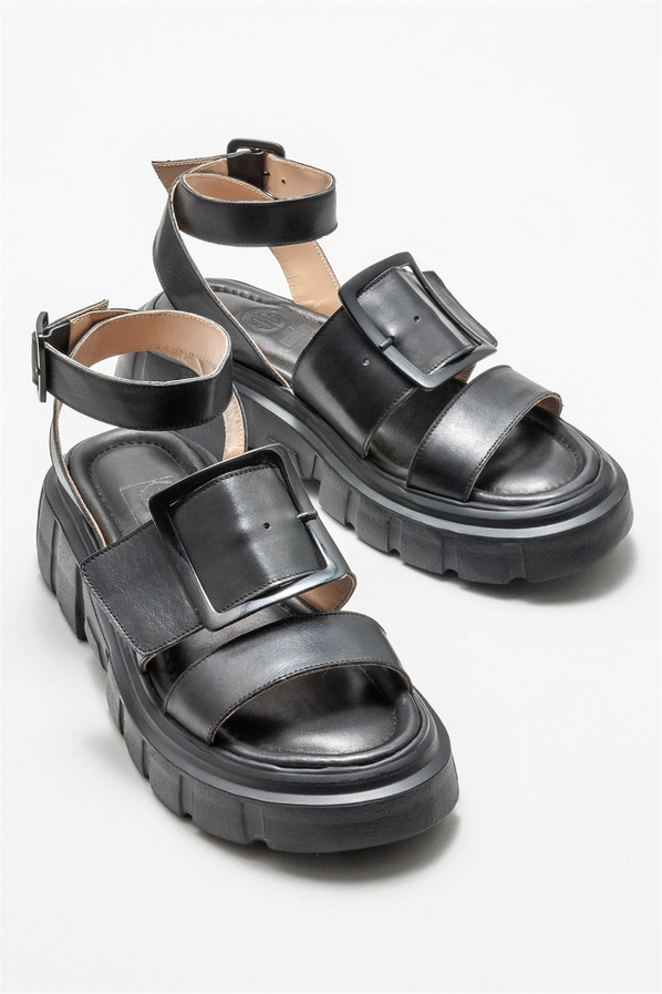 Siyah deri kadın sandalet - Elle Shoes