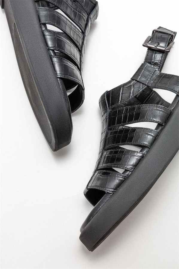 Siyah deri kadın sandalet - Elle Shoes