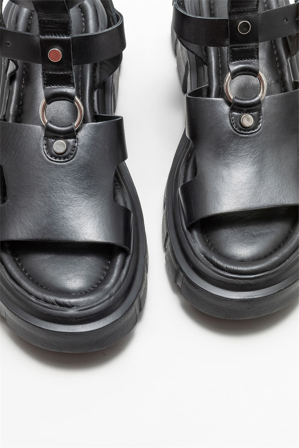 Siyah deri kadın sandalet - Elle Shoes