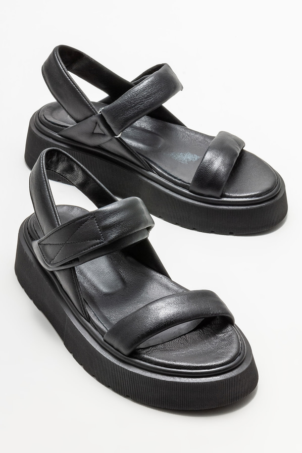 Siyah deri kadın sandalet - Elle Shoes