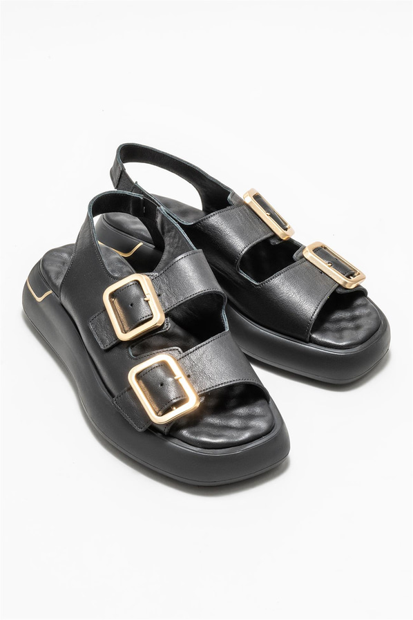 Siyah deri kadın sandalet - Elle Shoes