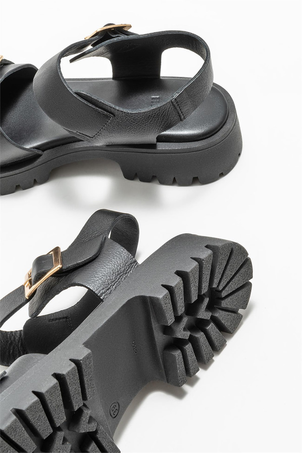 Siyah deri kadın sandalet - Elle Shoes