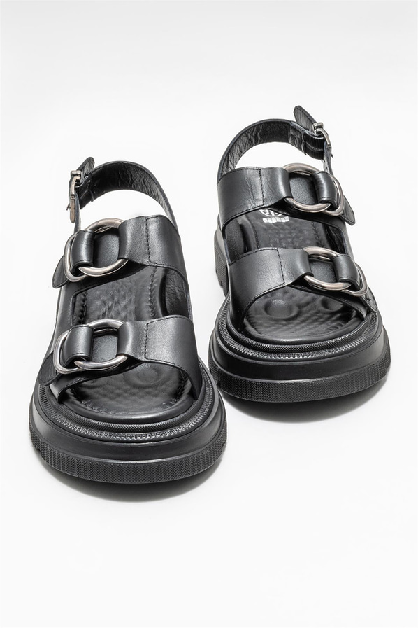 Siyah deri kadın sandalet - Elle Shoes